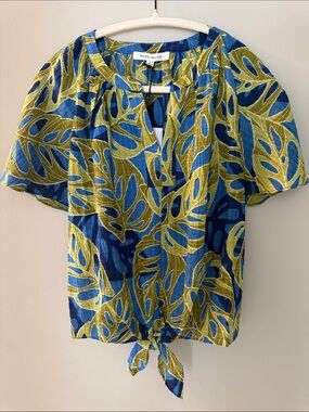 Rose & Olive Blue and Olive (Monstera) Leaf-Print Tie-Hem Top, S, NWT